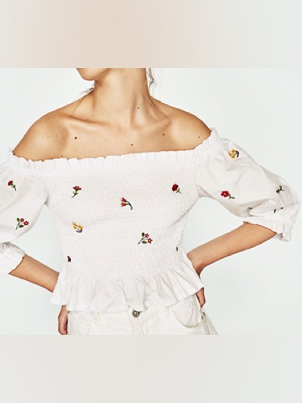 Zara NWOT White Floral Embroidered Off Shoulder Smocked Ruffle Crop Top (Medium) - Picture 4 of 6